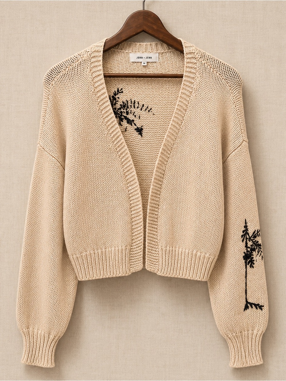 John + Jenn Palm Tree Embroidered Chunky Knit Cardigan Coastal Luxe L/G